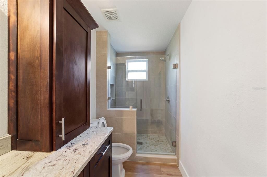 Bathroom, Glass Shower, Interior, Wood Texture Flooring