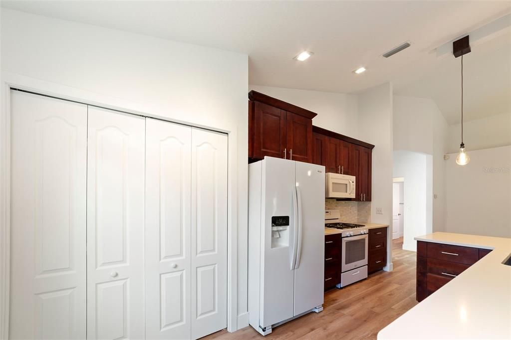 Interior, Kitchen, Pendant Lights, Recessed Lighting, Wood Texture Flooring
