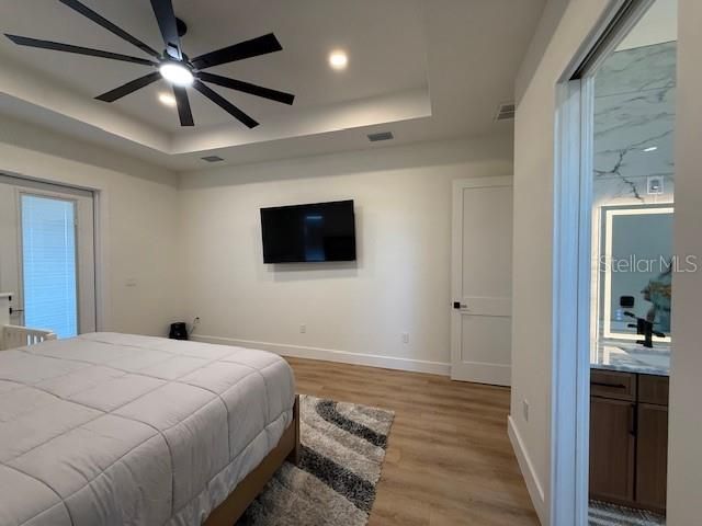 Bedroom, Interior, Marble Walls, Recessed Lighting, Wood Texture Flooring