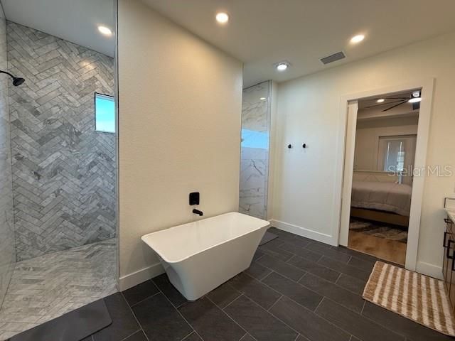 Bathroom, Free Standing Baths, Interior, Marble Walls, Recessed Lighting