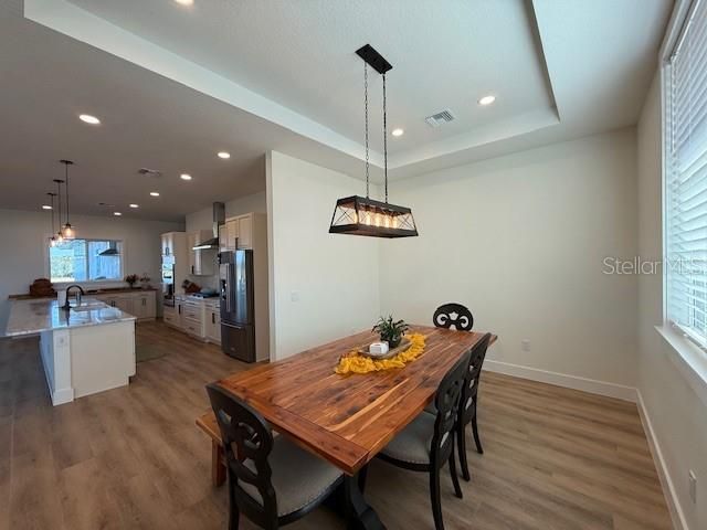 Dining room, Interior, Kitchen, Pendant Lights, Recessed Lighting, Stainless Steel Appliances, Wood Texture Flooring