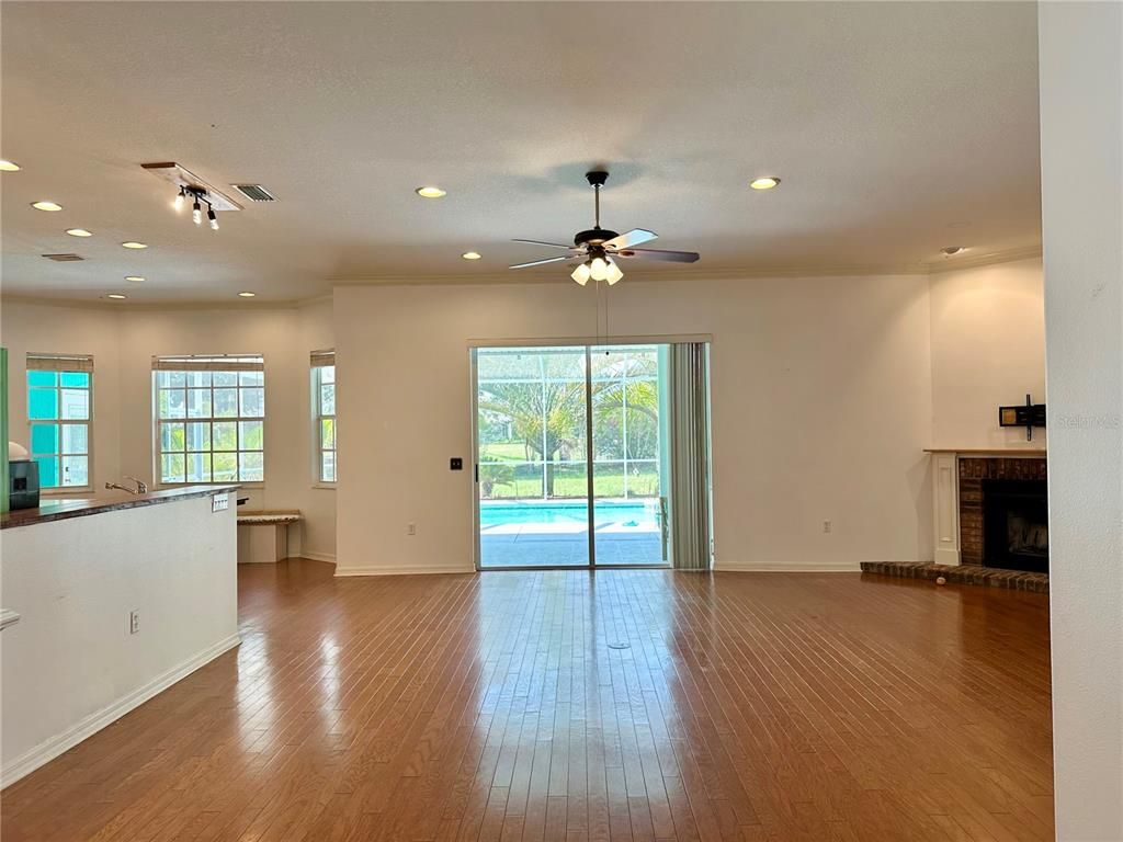 Empty room, Fireplace, Interior, Recessed Lighting, Wood Texture Flooring
