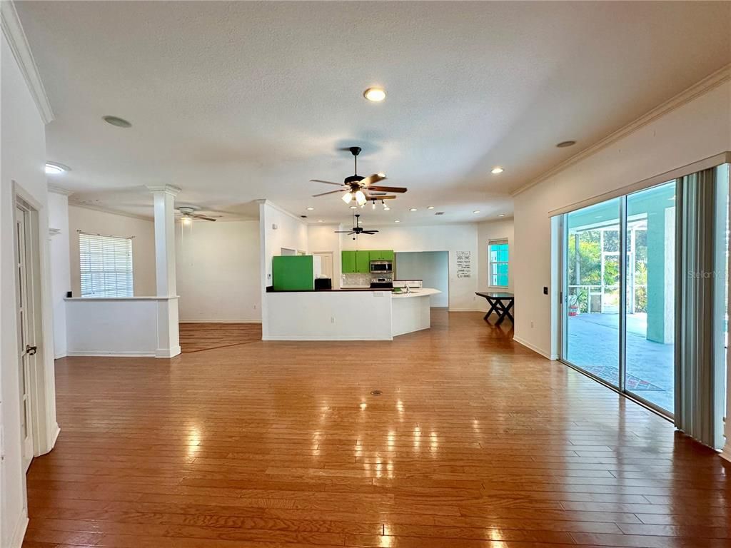 Empty room, Interior, Kitchen, Recessed Lighting, Wood Texture Flooring