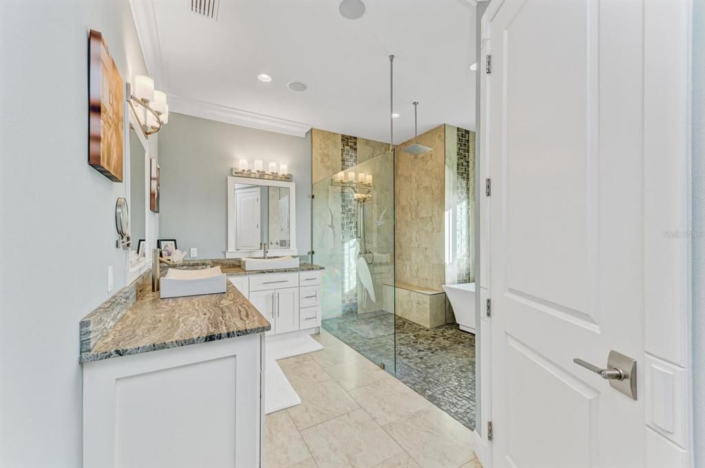 Bathroom, Dual Sink Vanities, Glass Shower, Interior, Recessed Lighting
