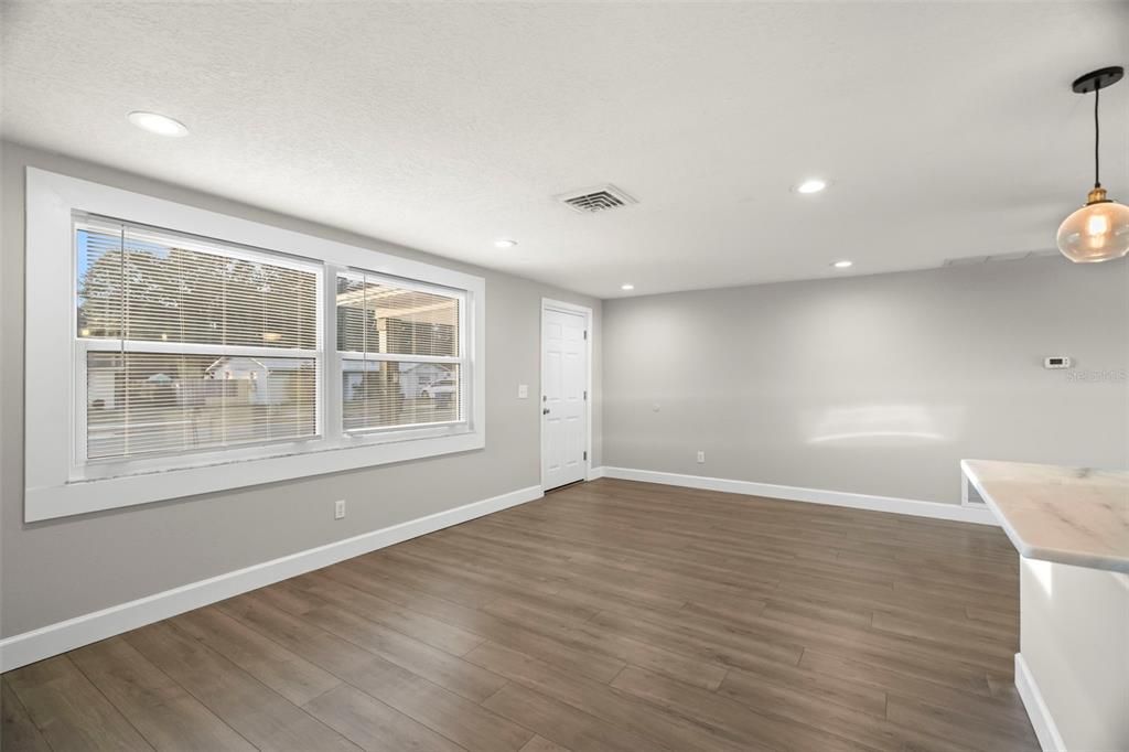 Empty room, Interior, Pendant Lights, Recessed Lighting, Wood Texture Flooring