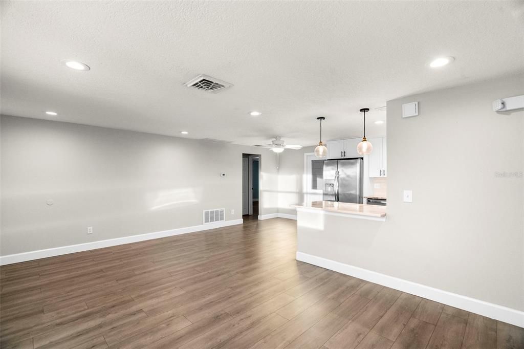 Empty room, Interior, Kitchen, Pendant Lights, Recessed Lighting, Wood Texture Flooring