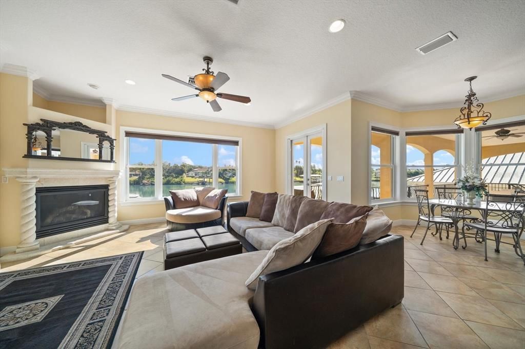 Dining room, Fireplace, Interior, Living room, Pendant Lights, Recessed Lighting