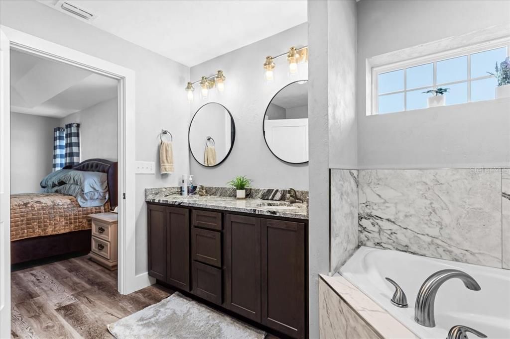 Bathroom, Bedroom, Dual Sink Vanities, Interior, Marble Walls, Wood Texture Flooring