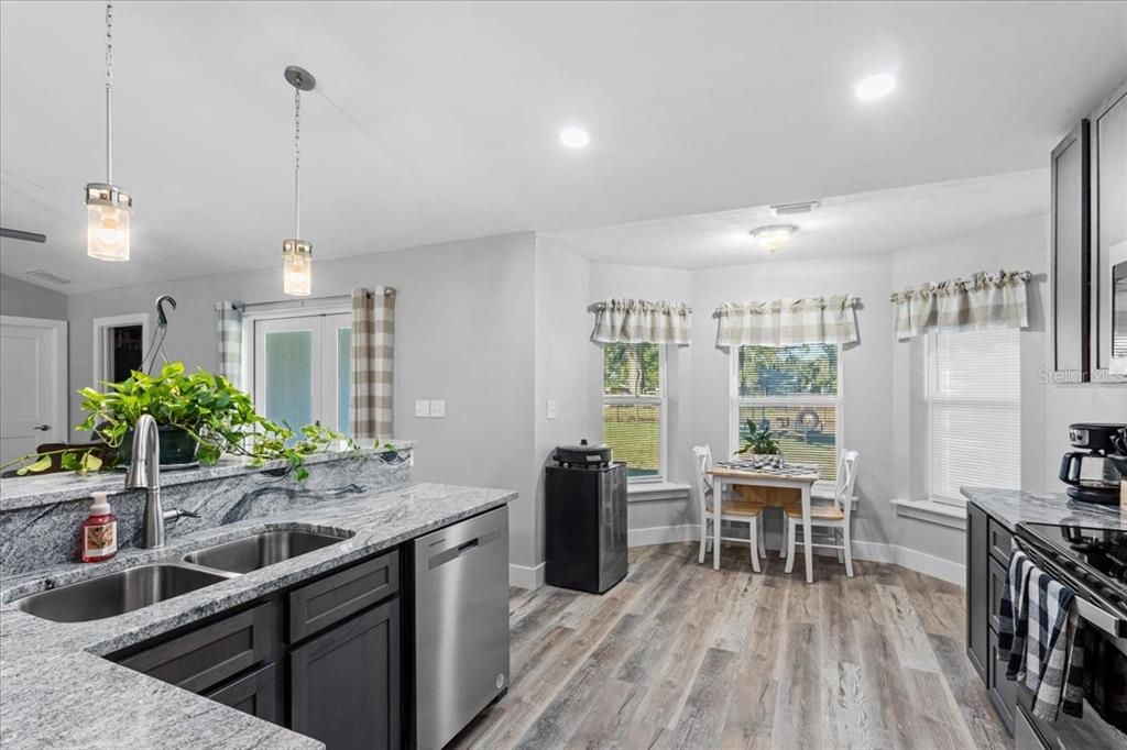 Dining room, Interior, Kitchen, Pendant Lights, Recessed Lighting, Wood Texture Flooring