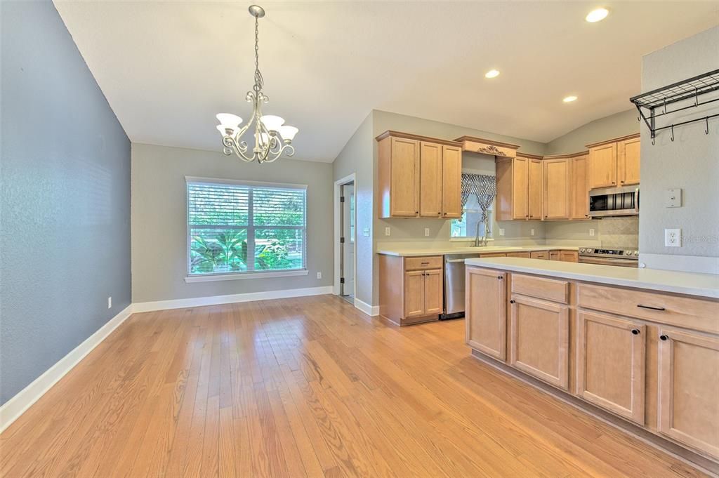 Chandelier, Interior, Kitchen, Pendant Lights, Recessed Lighting, Wood Texture Flooring