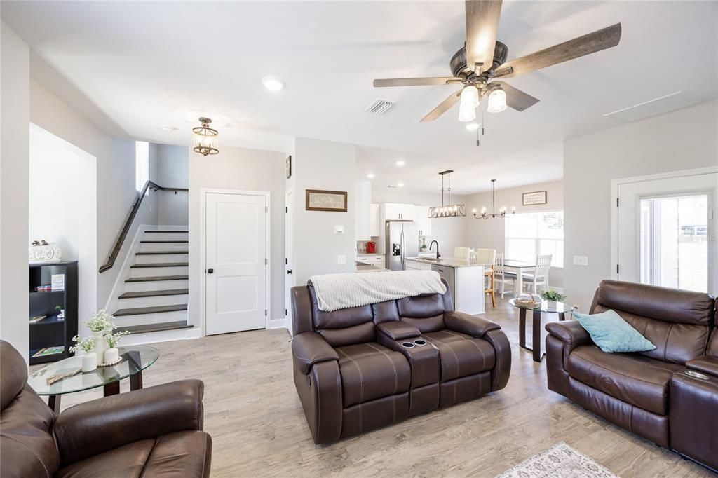 Dining room, Interior, Kitchen, Living room, Pendant Lights, Recessed Lighting, Wood Texture Flooring