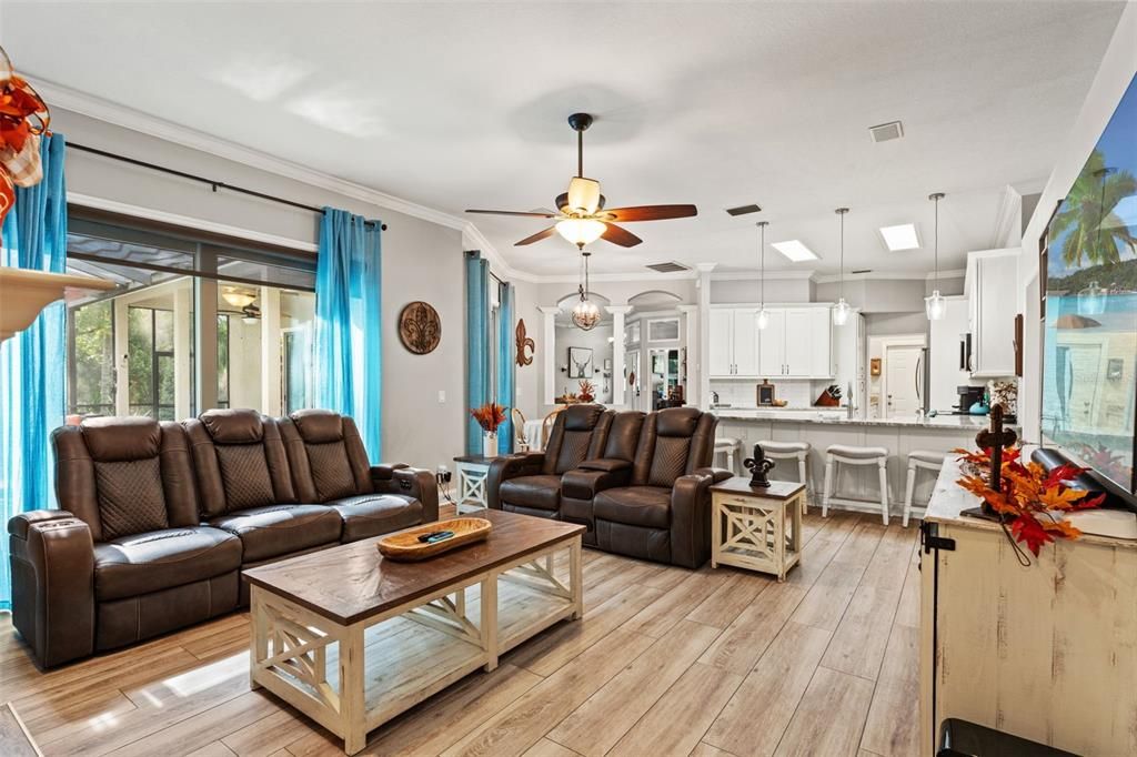 Interior, Kitchen, Living room, Pendant Lights, Wood Texture Flooring