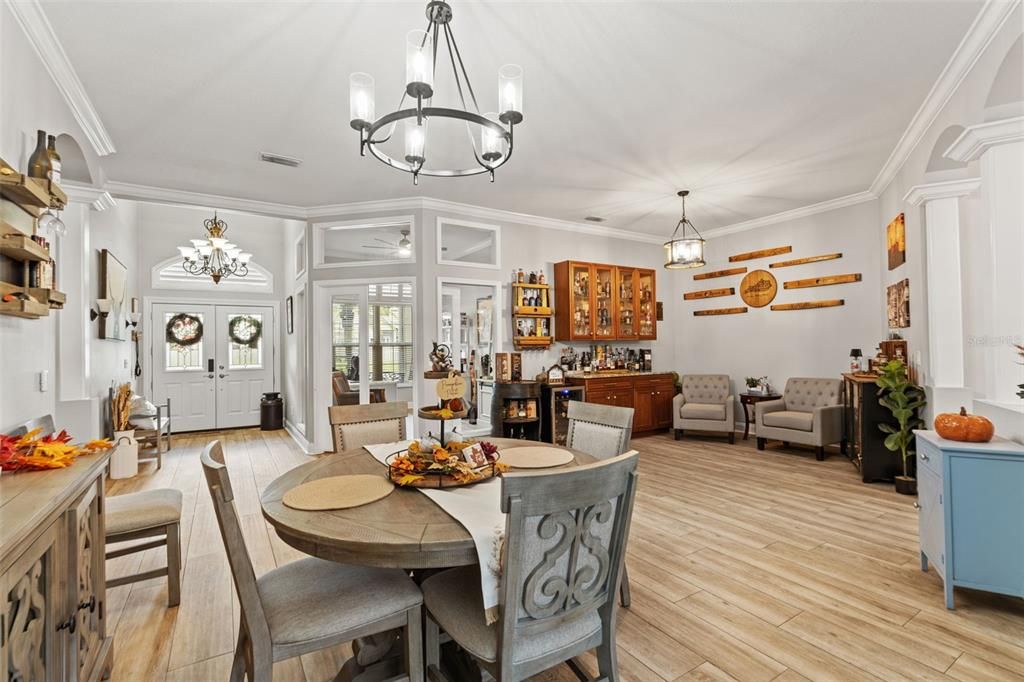 Chandelier, Dining room, Interior, Pendant Lights, Wood Texture Flooring