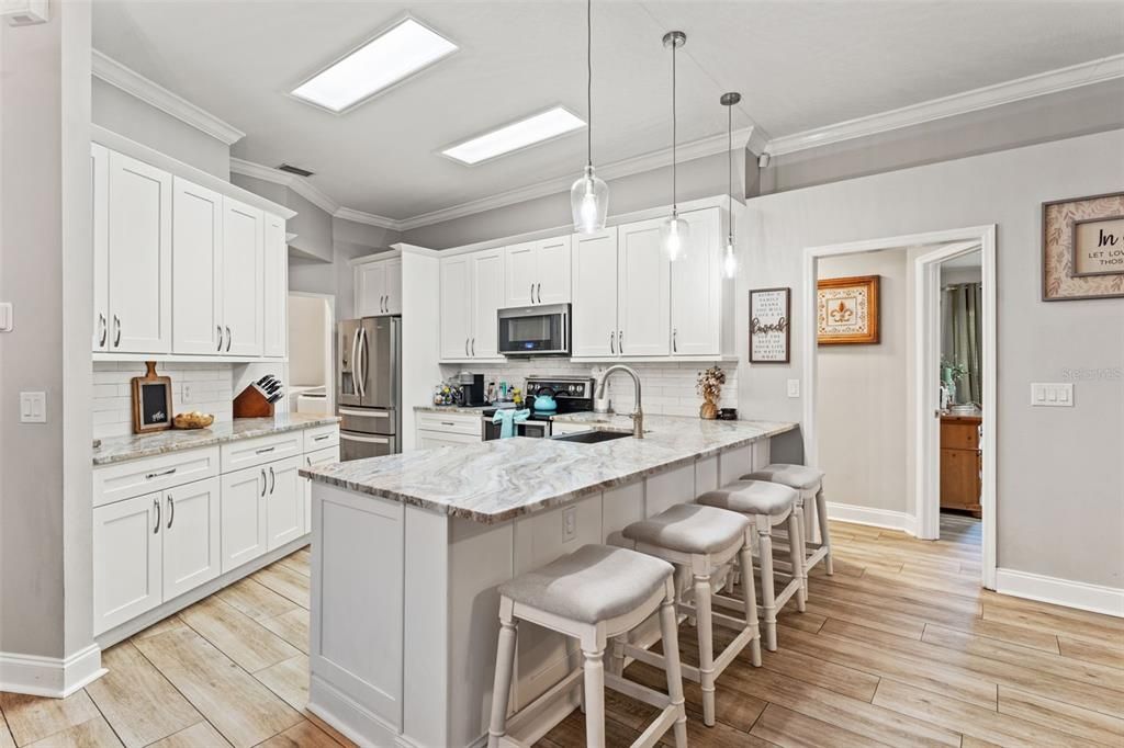 Interior, Kitchen, Pendant Lights, Stainless Steel Appliances, Wood Texture Flooring