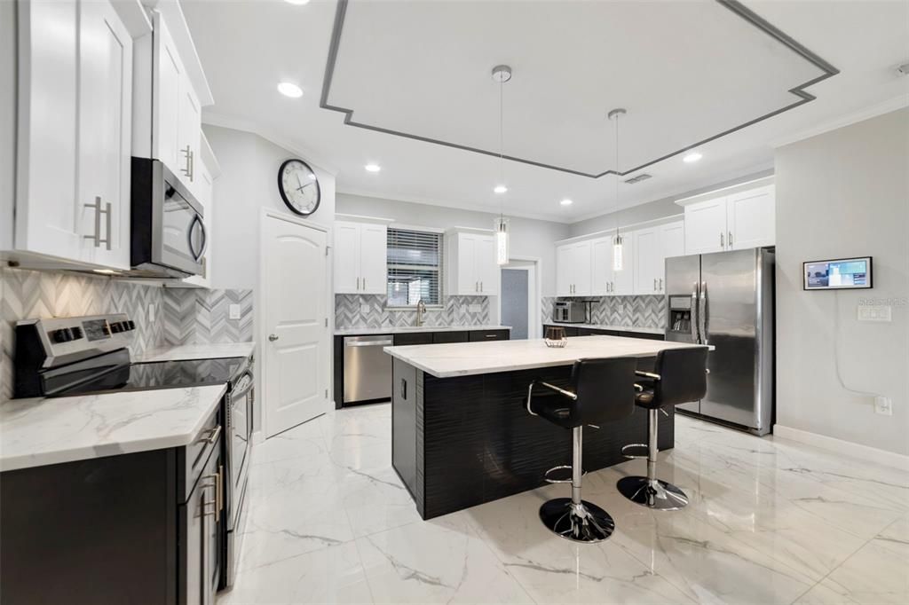 Interior, Kitchen, Marble, Pendant Lights, Recessed Lighting, Stainless Steel Appliances