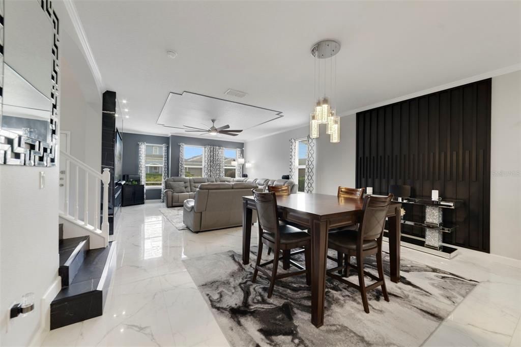 Dining room, Interior, Living room, Marble, Pendant Lights