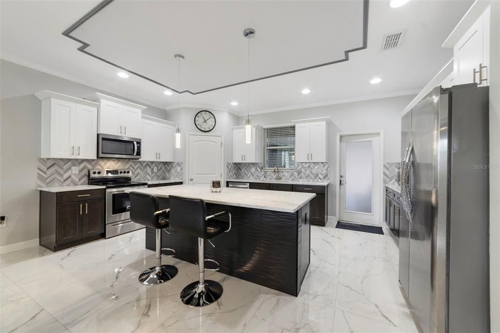 Interior, Kitchen, Marble, Pendant Lights, Recessed Lighting, Stainless Steel Appliances