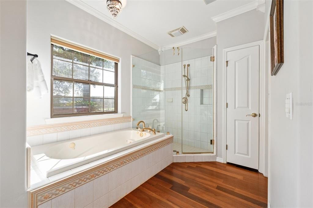 Bathroom, Glass Shower, Interior, Wood Texture Flooring