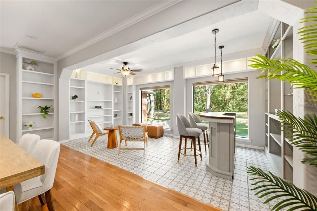 Dining room, Interior, Pendant Lights, Wood Texture Flooring