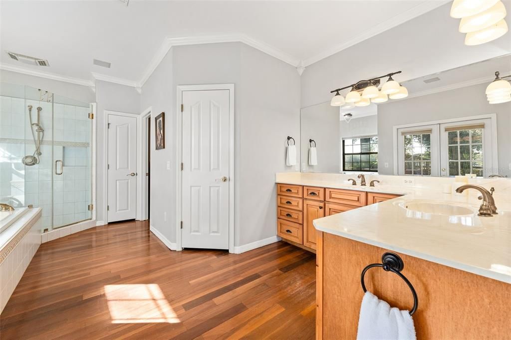 Bathroom, Dual Sink Vanities, Glass Shower, Interior, Wood Texture Flooring