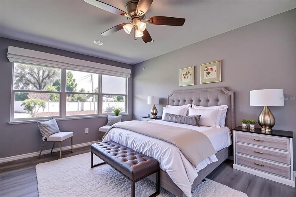 Bedroom, Interior, Recessed Lighting, Wood Texture Flooring