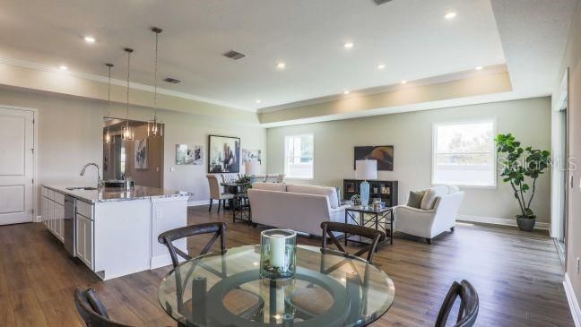 Dining room, Interior, Kitchen, Living room, Pendant Lights, Recessed Lighting, Wood Texture Flooring