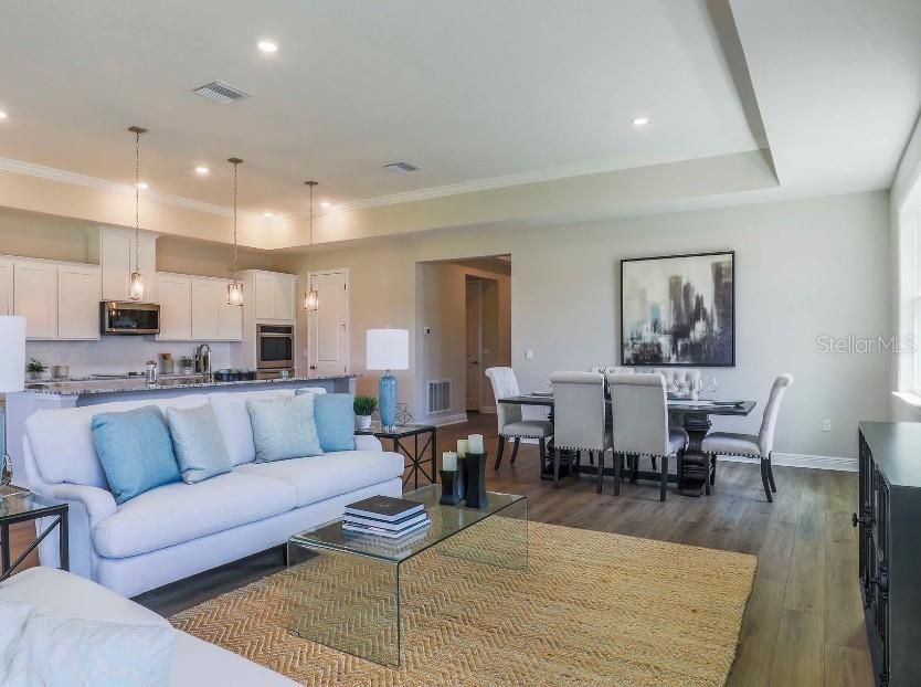 Dining room, Interior, Kitchen, Living room, Pendant Lights, Recessed Lighting, Stainless Steel Appliances, Wood Texture Flooring