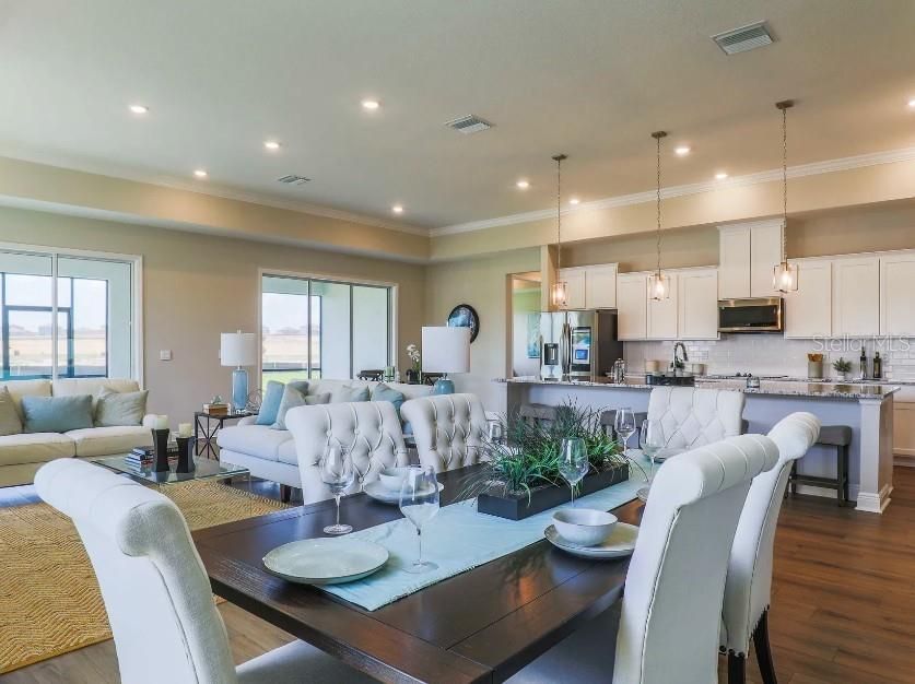 Dining room, Interior, Kitchen, Living room, Pendant Lights, Recessed Lighting, Stainless Steel Appliances, Wood Texture Flooring