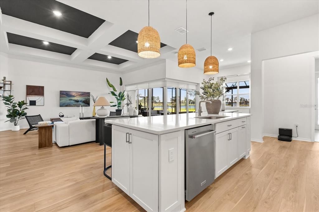 Interior, Kitchen, Living room, Pendant Lights, Recessed Lighting, Wood Texture Flooring