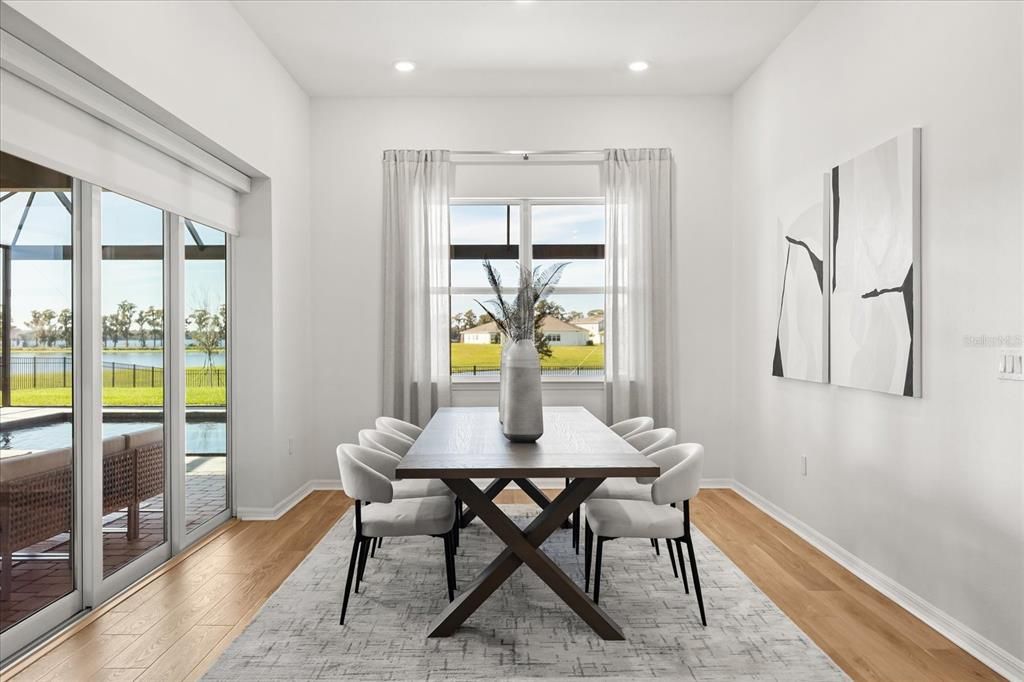 Dining room, Interior, Recessed Lighting, Water, Wood Texture Flooring