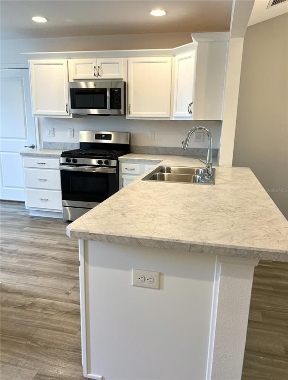 Interior, Kitchen, Recessed Lighting, Stainless Steel Appliances, Wood Texture Flooring