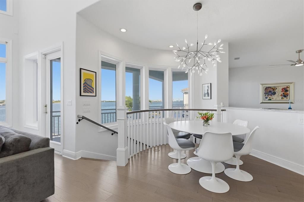 Dining room, Interior, Pendant Lights, Recessed Lighting, Water, Wood Texture Flooring