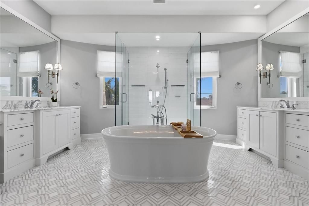 Bathroom, Dual Sink Vanities, Free Standing Baths, Glass Shower, Interior, Recessed Lighting