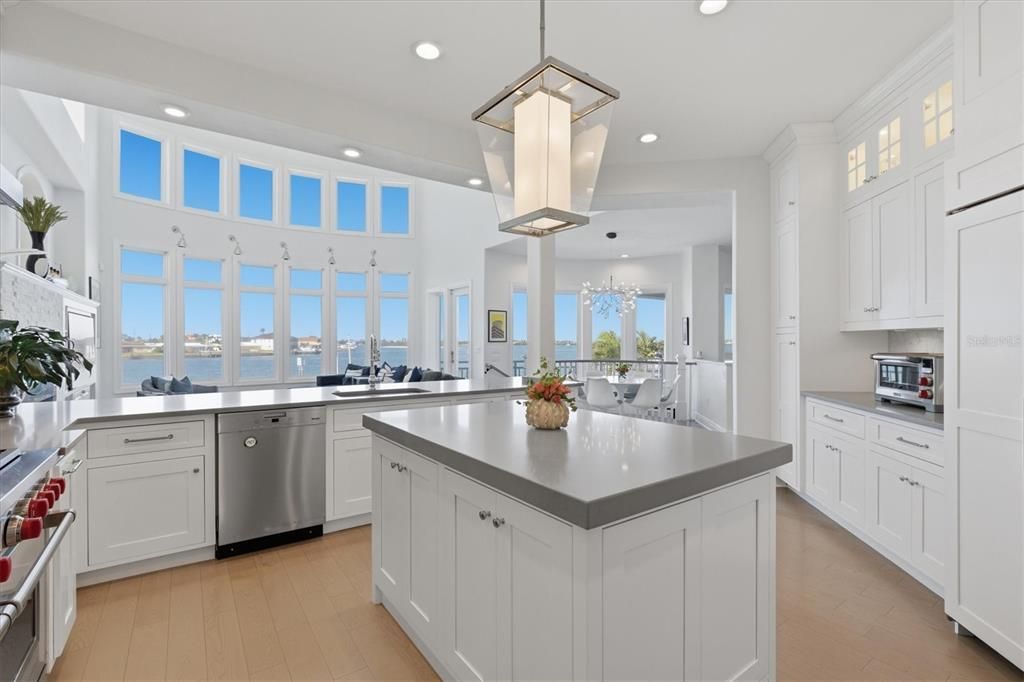 Chandelier, Interior, Kitchen, Pendant Lights, Recessed Lighting, Stainless Steel Appliances, Water, Wood Texture Flooring