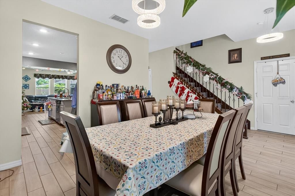 Dining room, Interior, Pendant Lights, Wood Texture Flooring