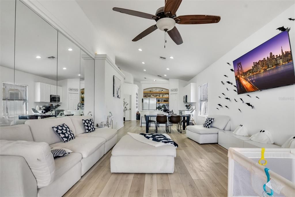 Dining room, Interior, Kitchen, Living room, Pendant Lights, Recessed Lighting, Wood Texture Flooring