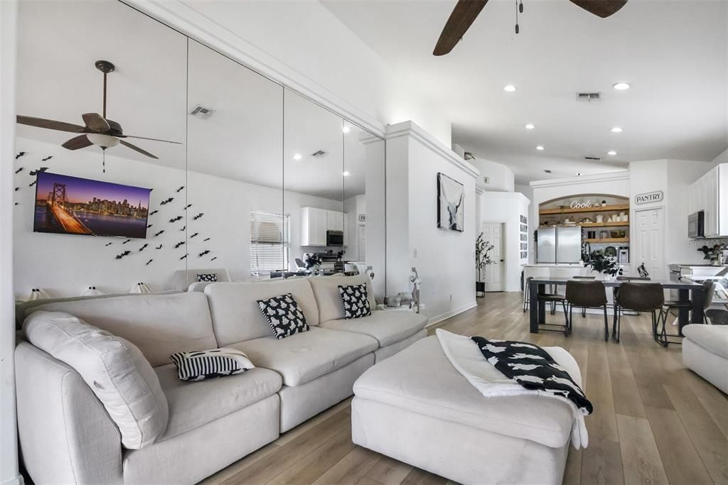 Dining room, Interior, Kitchen, Living room, Pendant Lights, Recessed Lighting, Wood Texture Flooring