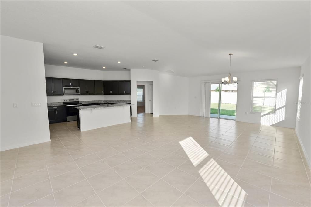 Chandelier, Empty room, Interior, Kitchen, Recessed Lighting, Stainless Steel Appliances