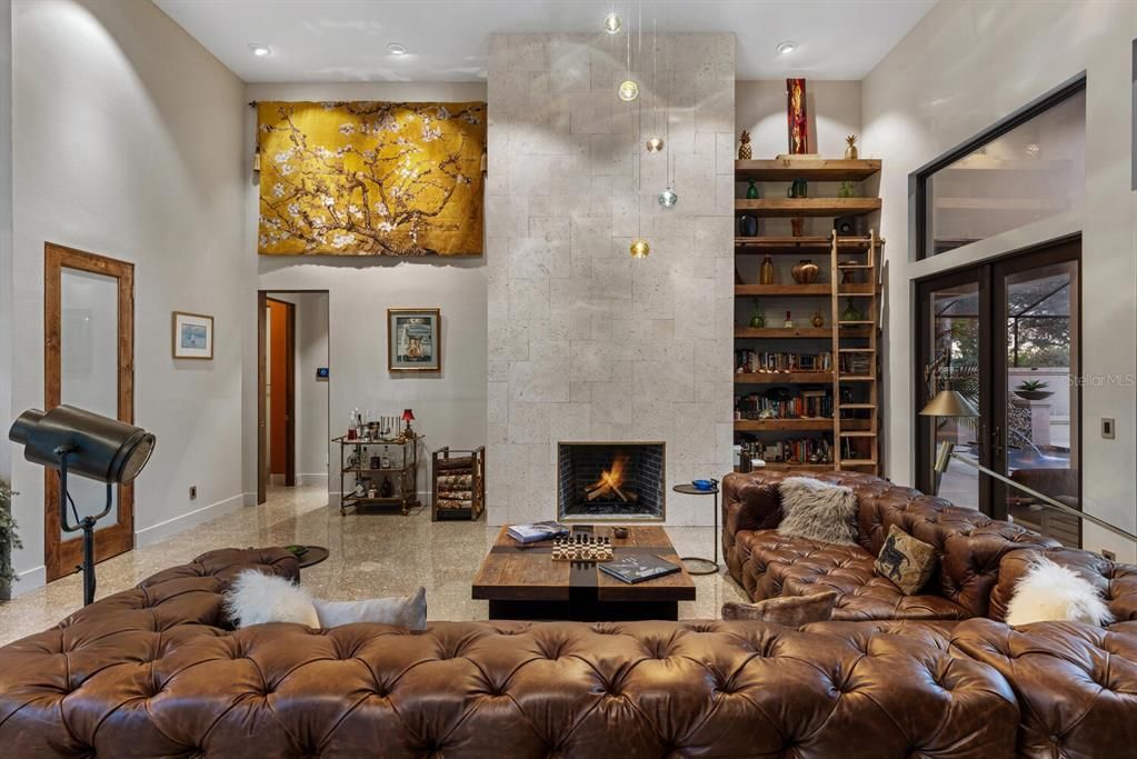 Fireplace, Interior, Living room, Recessed Lighting, Stone Walls