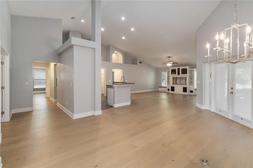 Empty room, Interior, Kitchen, Pendant Lights, Recessed Lighting, Wood Texture Flooring