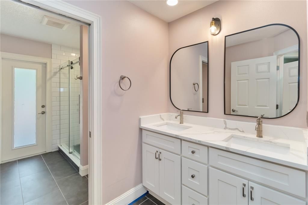 Bathroom, Dual Sink Vanities, Glass Shower, Interior, Recessed Lighting