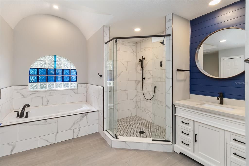 Bathroom, Glass Shower, Interior, Marble Walls, Recessed Lighting
