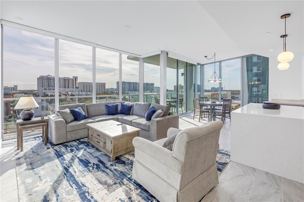 Dining room, Interior, Living room, Marble, Pendant Lights, Recessed Lighting, Water, Skyline
