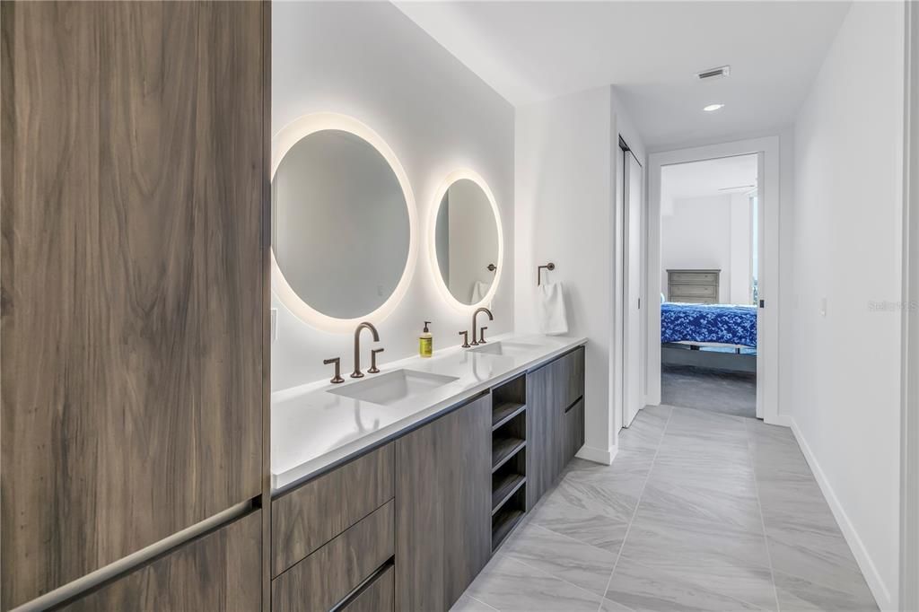 Bathroom, Dual Sink Vanities, Interior, Marble, Recessed Lighting