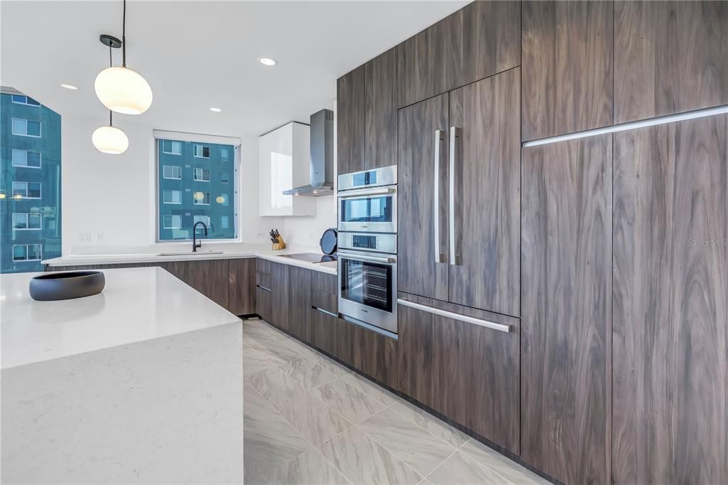 Interior, Kitchen, Marble, Pendant Lights, Recessed Lighting, Stainless Steel Appliances