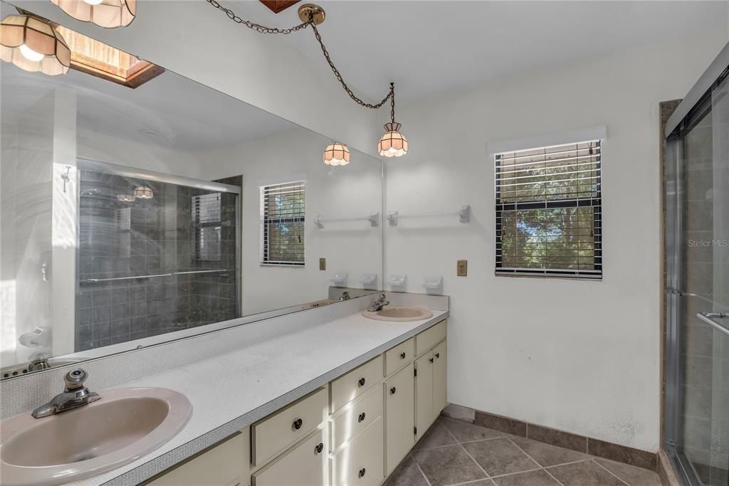 Bathroom, Dual Sink Vanities, Glass Shower, Interior, Pendant Lights