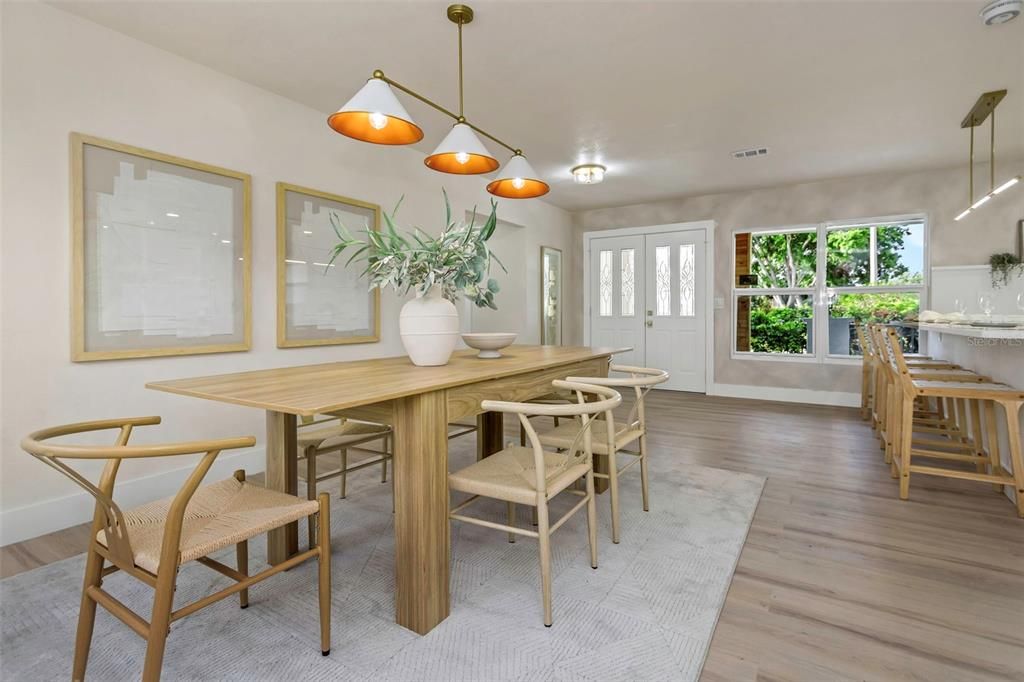 Dining room, Interior, Pendant Lights, Wood Texture Flooring