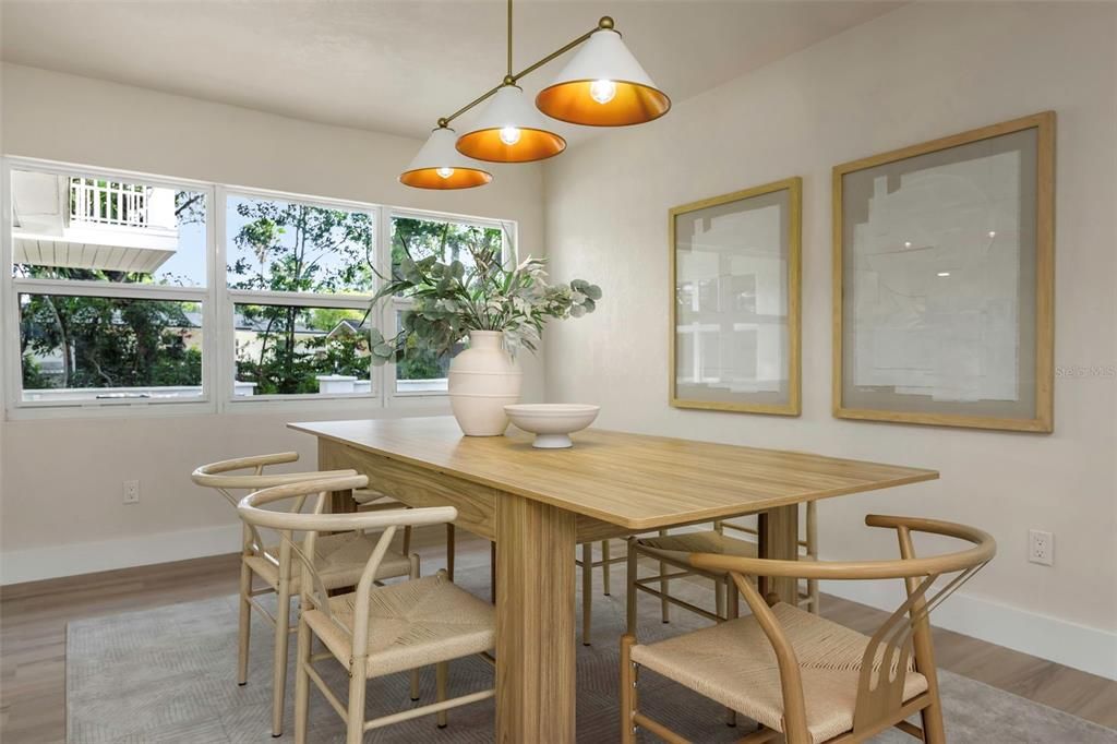 Dining room, Interior, Pendant Lights, Wood Texture Flooring
