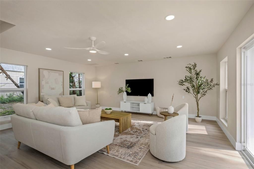 Interior, Living room, Recessed Lighting, Wood Texture Flooring