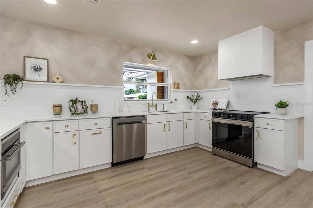 Interior, Kitchen, Recessed Lighting, Stainless Steel Appliances, Wood Texture Flooring